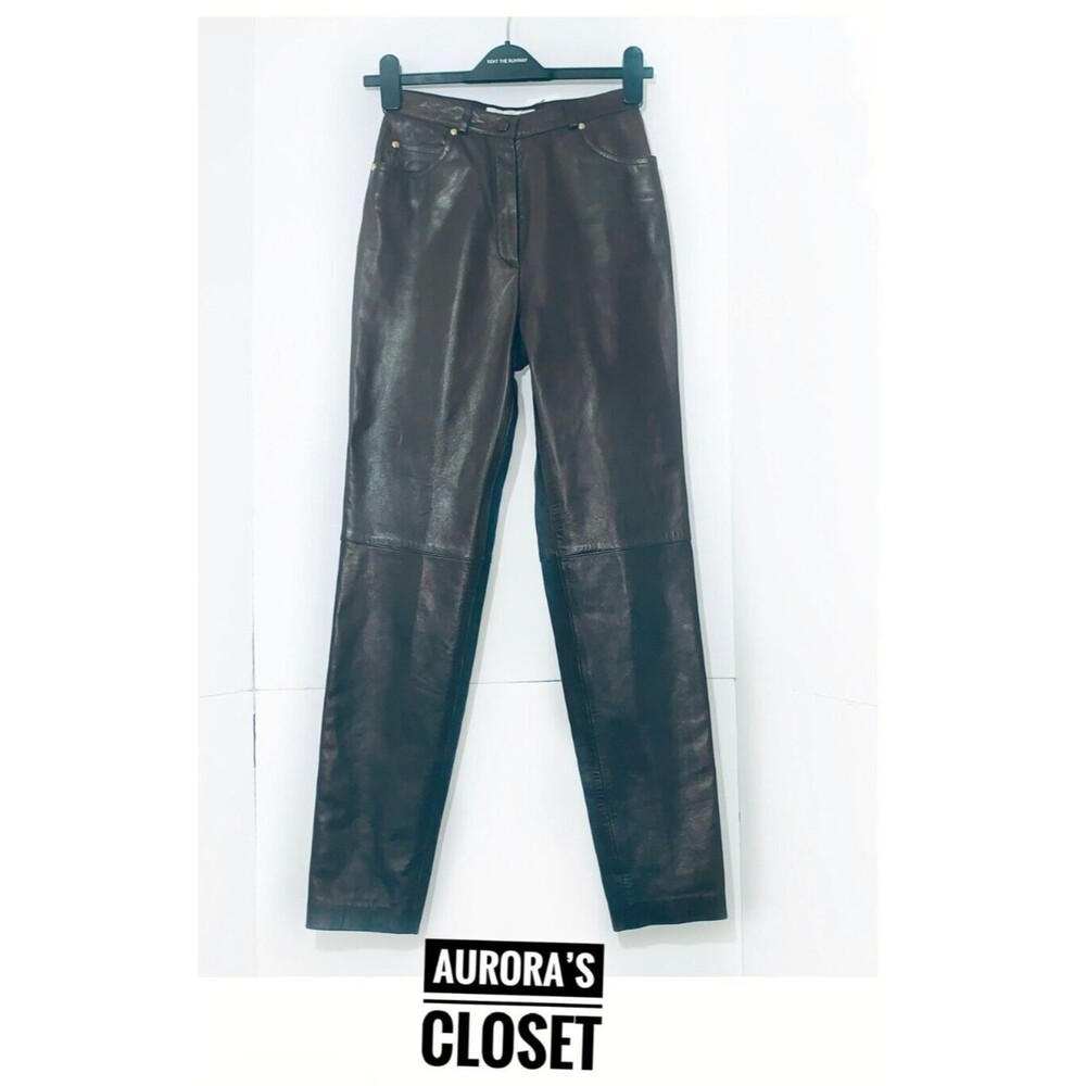 Escada 34 Brown Leather Pants Straight Leg Pockets Buffy Y2K